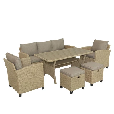 6pc Outdoor Wicker Conversation Set With Arm Chairs, Sofa, Ottomans & Coffee Table - Brown - GODEER 6 6pc Outdoor Wicker Conversation Set With Arm Chairs, Sofa, Ottomans & Coffee Table - Brown - GODEER - Image 6