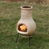 Vintiquewise Beige Outdoor Clay Chimney Outdoor Fireplace Sun Design Charcoal Burning Fire Pit With Sturdy Metal Stand, Barbecue, Family Gathering