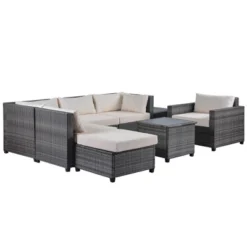8pc Wicker Patio Conversation Set With Cushions - Beige - GODEER -Garden & Outdoors GUEST e54b664c e7da 4462 be9e d3807f13badc