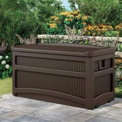 Suncast 73 Gallon Deck Box W/ Seat & Trash Hideaway Outdoor Garbage Bin, Java -Garden & Outdoors GUEST e816fb33 4b0f 45a1 a831 8dfa0e8f7896