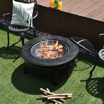 Costway 32'' Round Fire Pit Set W/ Rain Cover BBQ Grill Log Grate Poker 1 Costway 32'' Round Fire Pit Set W/ Rain Cover BBQ Grill Log Grate Poker