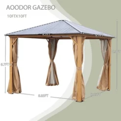 Aoodor Gazebo Polycarbonate Roof, Wooden Print Aluminum Frame With Mosquito Netting And Curtain