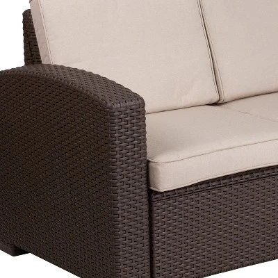 Flash Furniture Chocolate Brown Faux Rattan Loveseat With All-Weather Beige Cushions 5 Flash Furniture Chocolate Brown Faux Rattan Loveseat With All-Weather Beige Cushions - Image 5