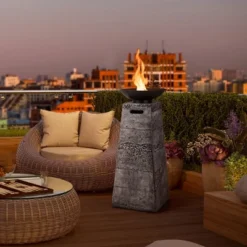 Costway 48'' Outdoor Propane Fire Bowl Column W/ Lava Rocks & PVC Cover 30,000 BTU