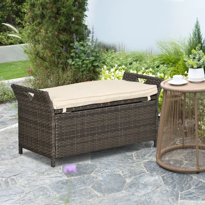 Outsunny Outdoor PE Rattan Two-In-One Storage Bench, Patio Wicker Large Capacity Footstool Rectangle Basket Box W/ Handles & Cushion 1 Outsunny Outdoor PE Rattan Two-In-One Storage Bench, Patio Wicker Large Capacity Footstool Rectangle Basket Box W/ Handles & Cushion