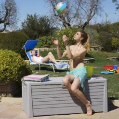 Toomax Florida UV Resistant Lockable Deck Storage Box Bench For Outdoor Pool Patio Garden Furniture & Indoor Toy Bin Container, 145 Gallon (Warm Grey) -Garden & Outdoors GUEST f56b09b2 a4a7 40e9 a0a1 035a6eb91d42