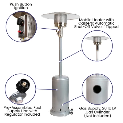 Merrick Lane Stainless Steel 7.5' Tall 40,000 BTU Outdoor Propane Patio Heater With Wheels 9 Merrick Lane Stainless Steel 7.5' Tall 40,000 BTU Outdoor Propane Patio Heater With Wheels - Image 9