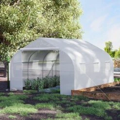 Outsunny 11.5' X 9.8' X 6.5' Outdoor Walk-In Tunnel Greenhouse Hot House With Roll-up Windows, Zippered Door, PE Cover, White