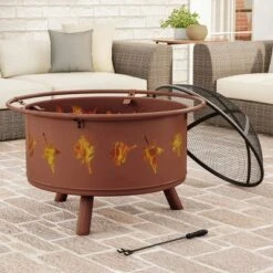 Nature Spring Round Outdoor Fire Pit With Leaf Cutout Design - 32", Rugged Rust