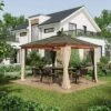 Outsunny 10' X 12' Hardtop Polycarbonate Gazebo Canopy, Aluminum Frame Pergola With Top Vent, Netting & Sidewalls For Garden, Patio, Khaki
