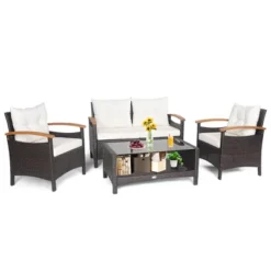 Costway 4PCS Patio Rattan Furniture Set Cushioned Sofa Storage Table Off -Garden & Outdoors GUEST fd4008fb dd85 43c3 a1da 58050542caf2
